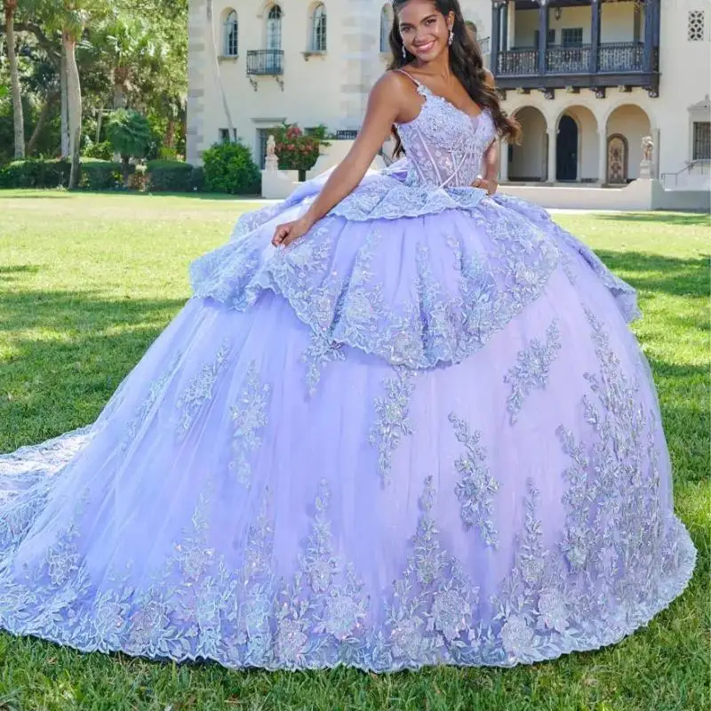 Amazing Sky Blue Quinceanrea Dresses 2024 Sweetheart Spaghetti Appliques Prom Dress Sweet 16 Pageant Ball Gown