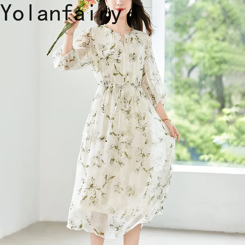 YOLANFAIRY 100% Natural Mulberry Silk Dress Summer 2025 Cinched Waist V-neck Floral Dress Elegant Vacation Dresses Half Sleeve