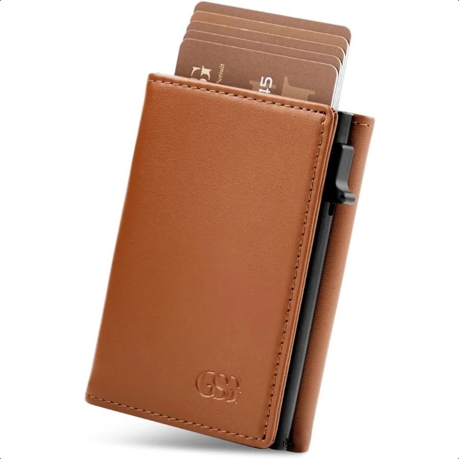 

GSG Mens Leather Wallet Pop Up Card Holder Slim RFID Blocking Smart Card Case 912 Card Capacity ID Window Cash Slot Brown
