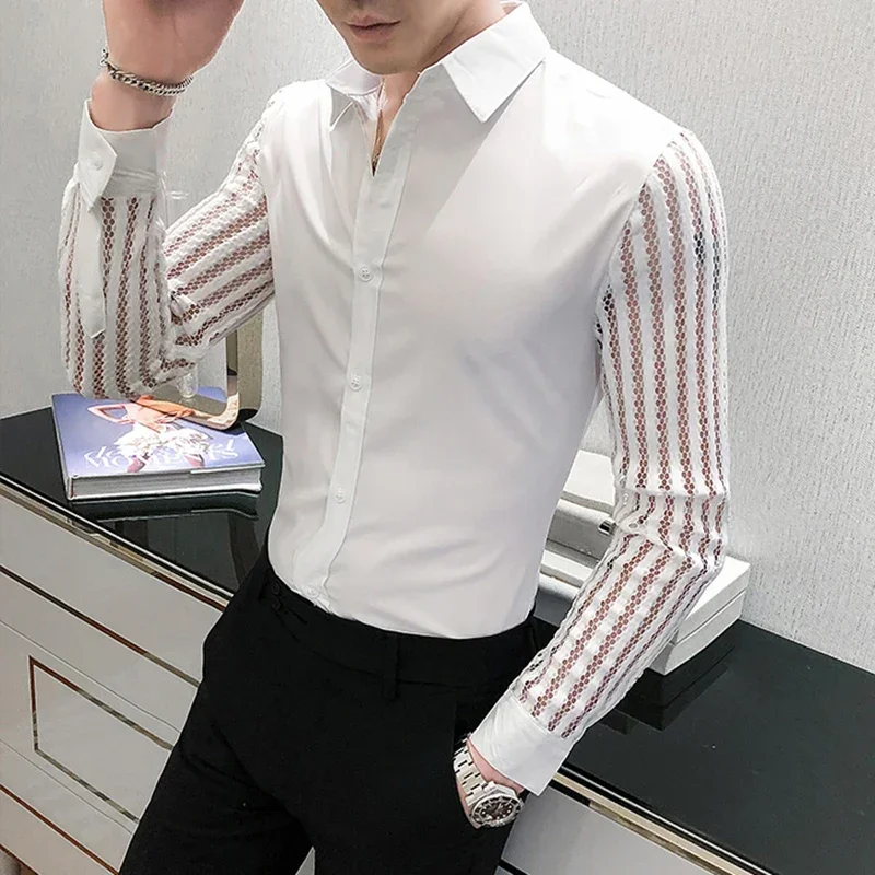 2023 New Men Lace Perspective Shirt Party Prom Hollow Lace Patchwork Long Sleeve Tuxedo Shirt Nightclub Casual Social Shirt