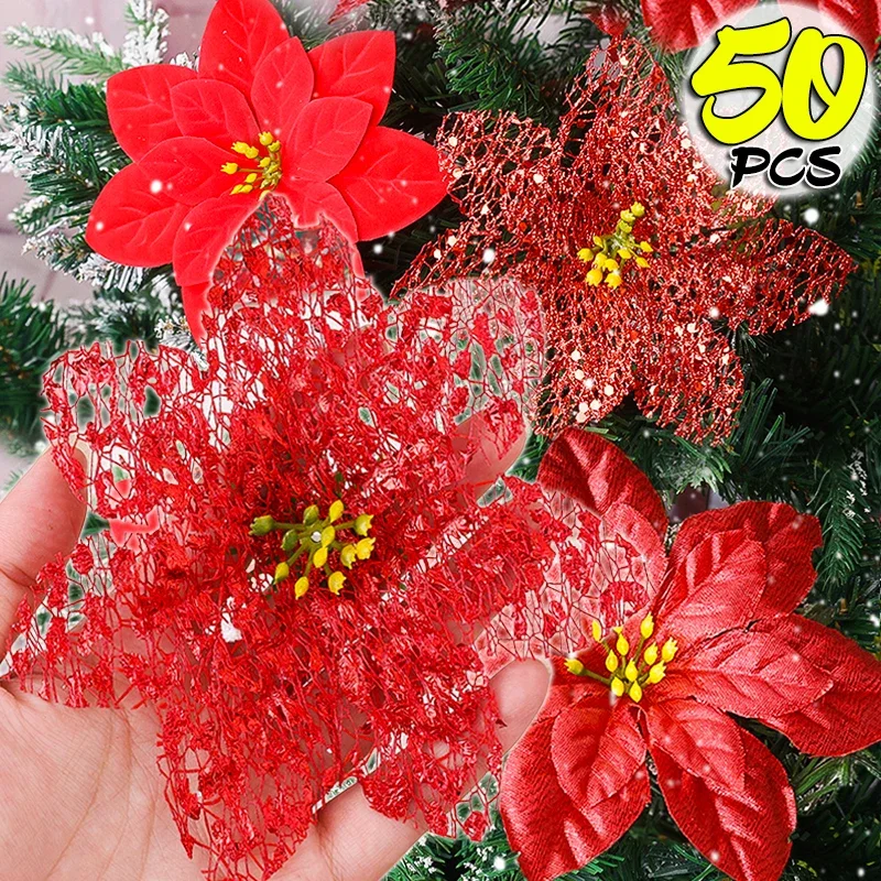 5/50PCS Glitter Christmas Artifical Flowers DIY Xmas Tree Garland Red Fake Flower Ornaments Wedding Party New Year Decoration