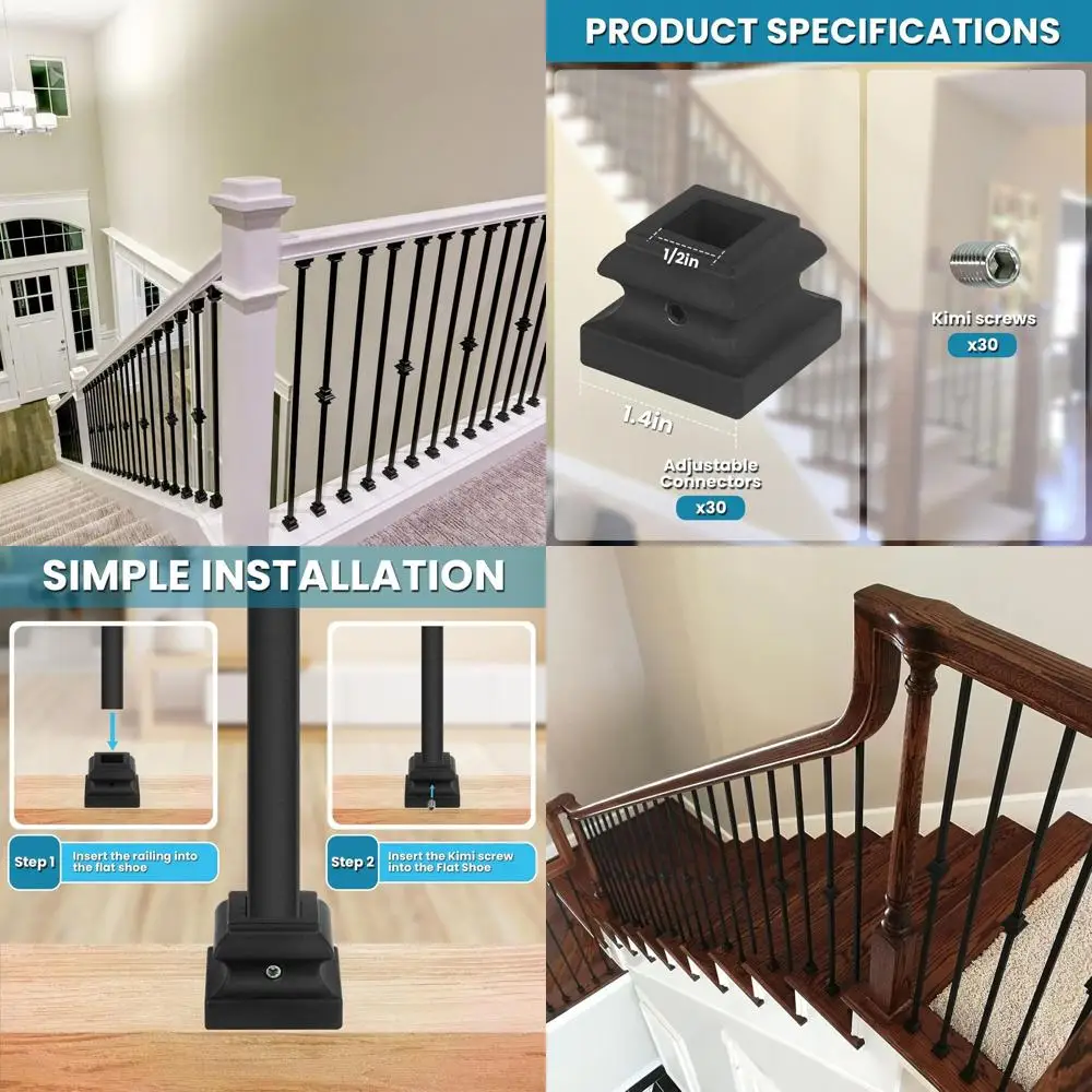 Satin Black Flat Shoe with Screw for 1/2 Square Balusters, 30-Pack