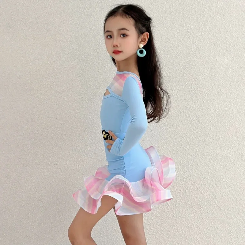 blue latin dance dress dance costume stage costume long sleeve performance costume line dance clothes 2025 new product  dancing view 4