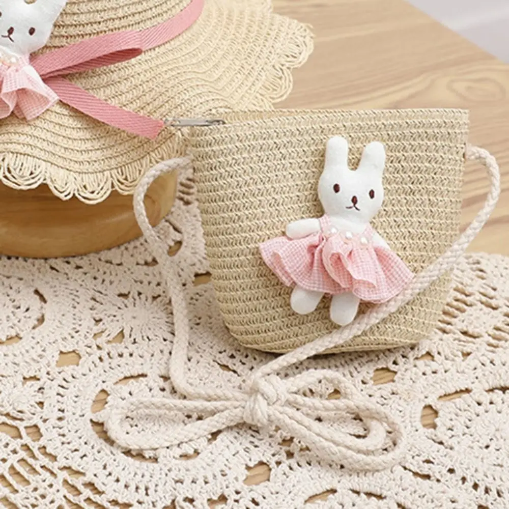 Cartoon Bunny Mini Straw Bag Summer Beach Zipper Handmade Woven Kid Messenger Bags Coin Purse Photo Props Crossbody Handbag