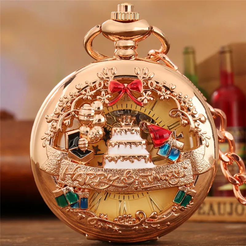 Creative Pocket Watch Hollow Out Happy Birthday Cake Design Unisex Hand Winding Mechanical Clock Timepiece with FOB Chain