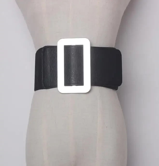 

Women's Runway Fashion Gold Silver Buckle Elastic Cummerbunds Female Dress Corsets Waistband Belts Decoration Wide Belt R1464