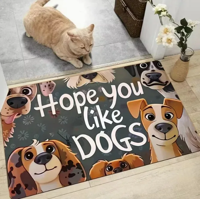 Wine Red Cartoon Puppy Welcome Text Floor Mat Non Slip Soft Rug Entryway Front Door Cute Pet Print Household Doormat