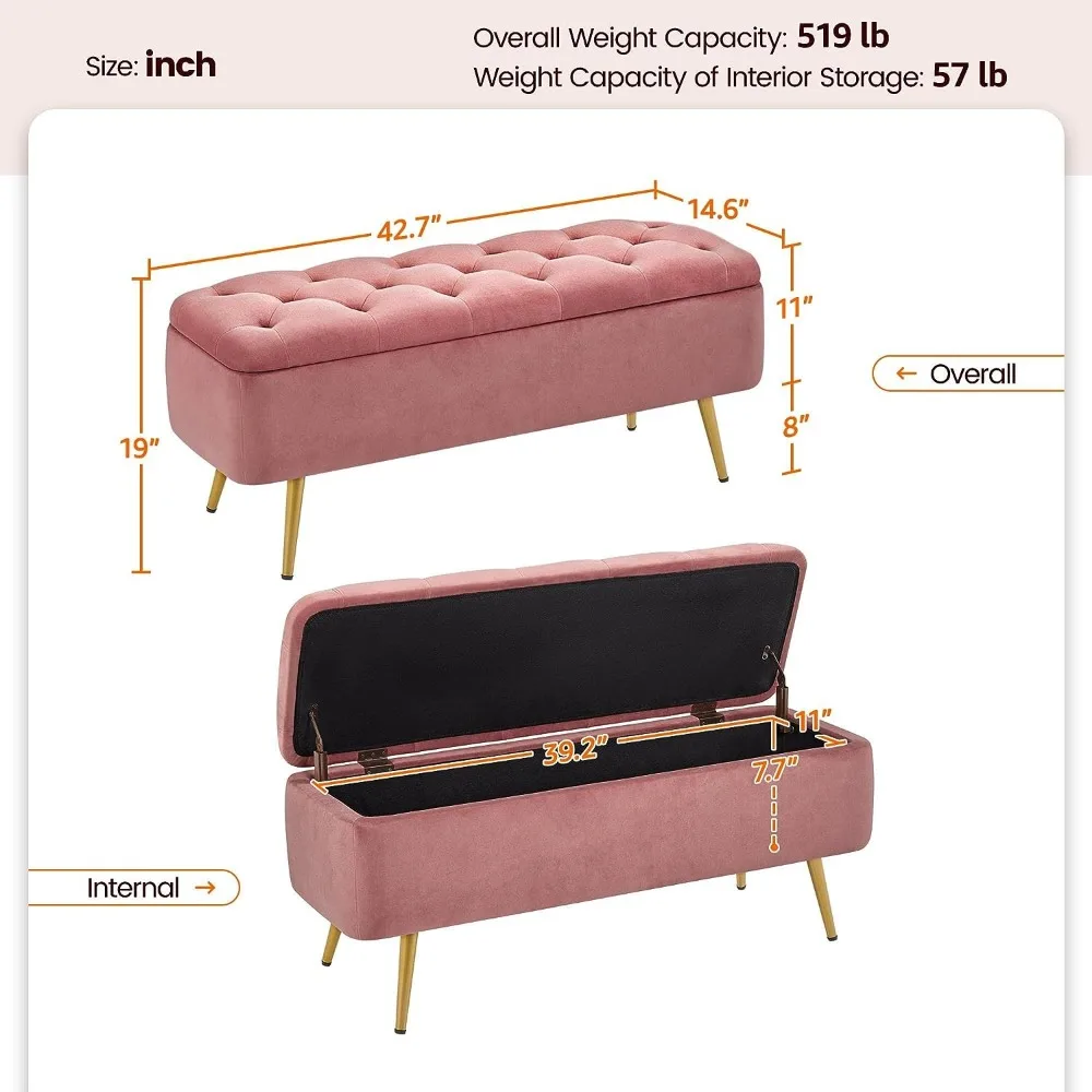 Ottoman 42 Inches Storage Bench with Storage Folding Polyester Boucle Foot Stool Bench Hinged Stool Footstool pink Bench