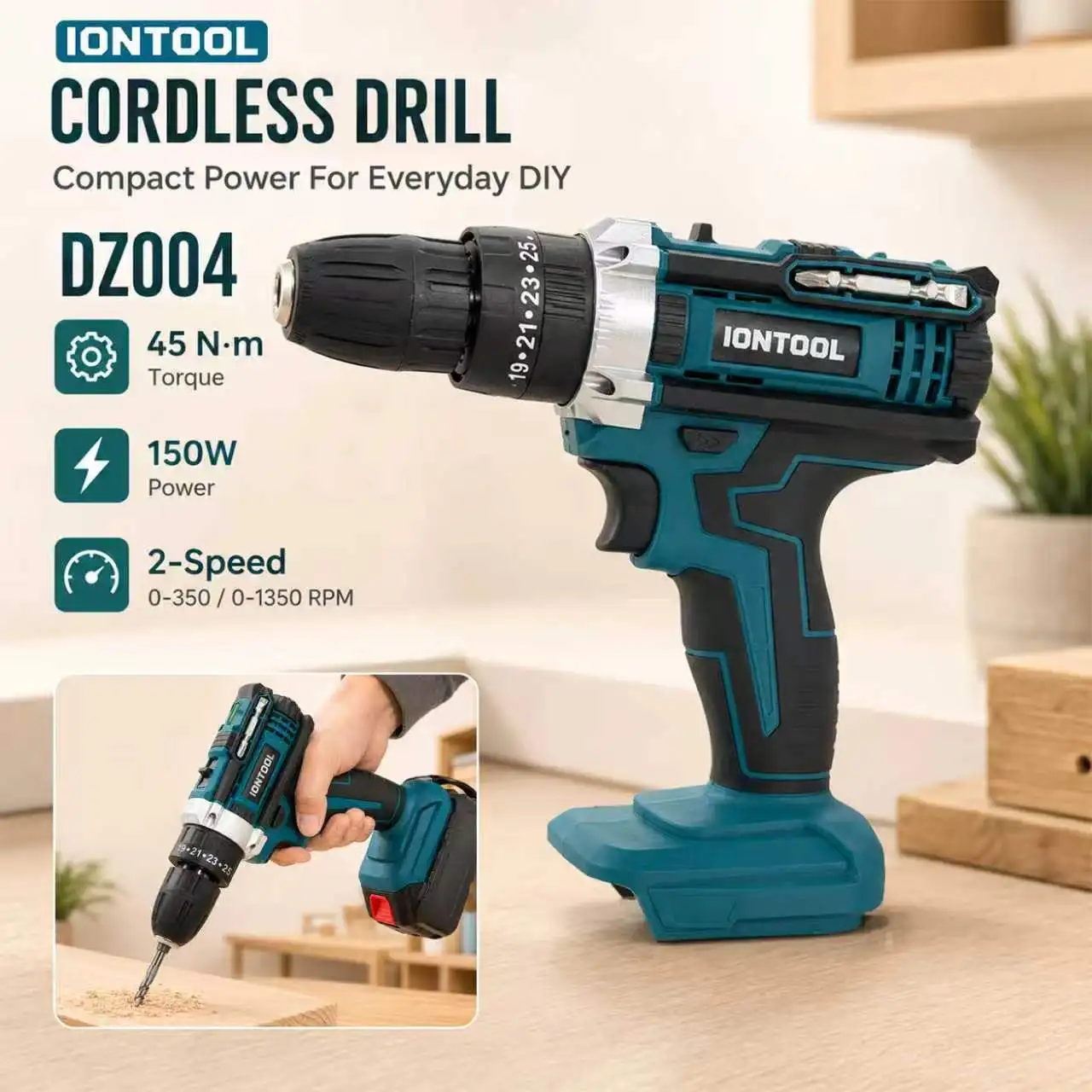 IONTOOL 45N·m Cordless Drill 150W 2 Speed 0-350/0-1350RPM Tool Only for Wood Metal Drilling Household DIY Repair