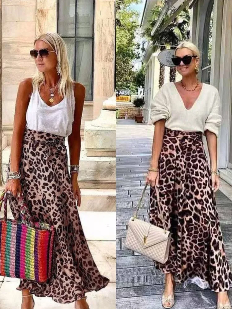 Commuting High-waisted Women's Skirt Leopard Print Loose Casual Lace-up Flowy Hem With Belt Chic Commuting Style For Women