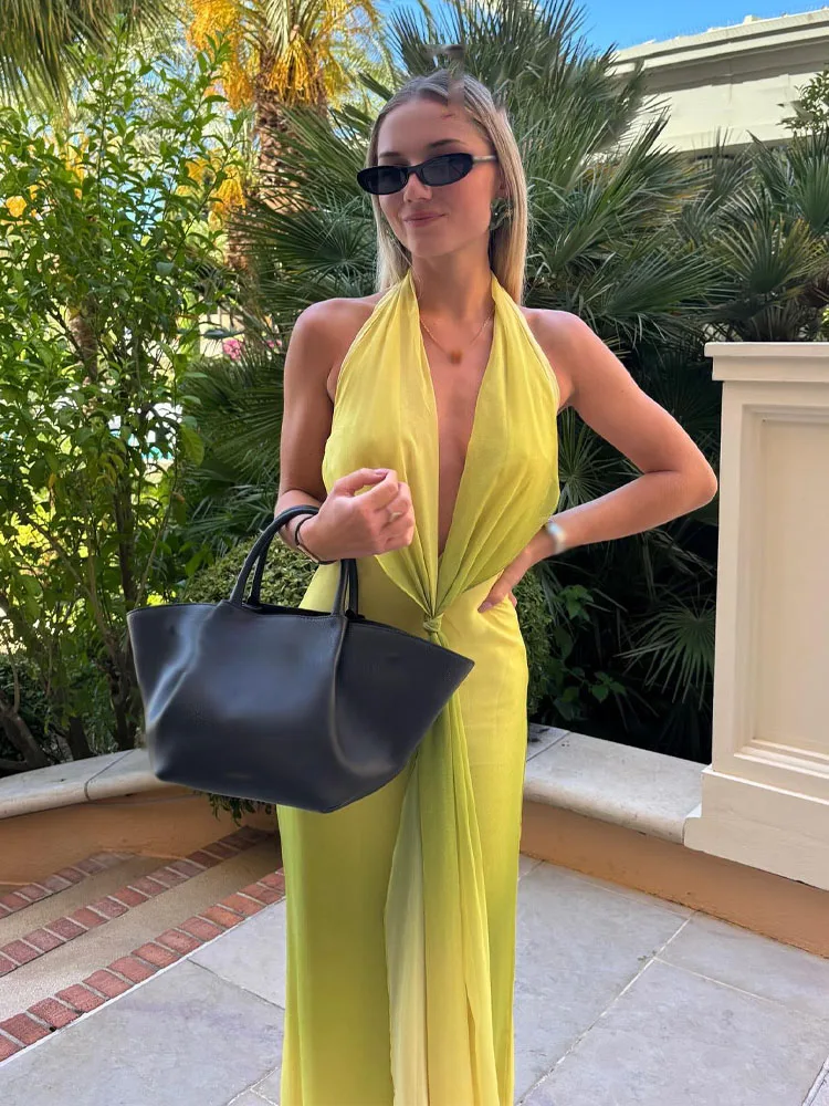 HH Women Back Zipper Gradual Knot Decoration Backless Long Dress Summer Female Sexy Hanging Neck Collar Sleeveless Dress