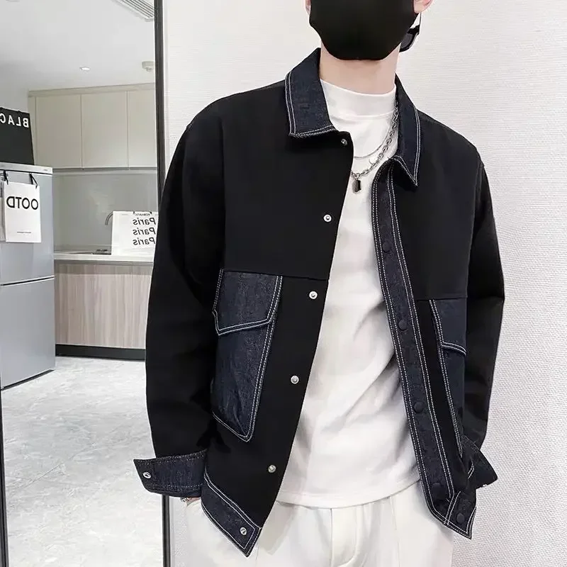 Jeans Coat for Men Spliced Wide Sleeves Denim Jackets Man Black Outwear Cheap Price Stylish Loose Low Lxury Y2k Elatic New in G