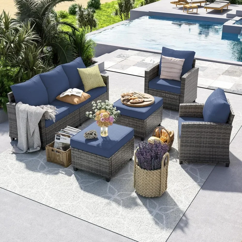 

Patio Furniture Set 6 Pieces Outdoor Sectional Sets Wicker Rattan Sofa with 4" Thick Cushion for Garden Backyard Deck Light Blue