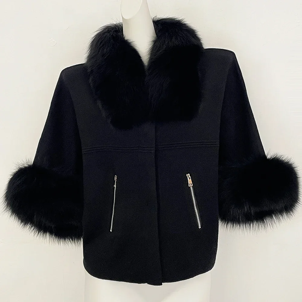 OFTBUY Herbst-Oberbekleidung für Damen, Kurze Batwing-Strickjacke mit Echtfuchs-Pelzkragen und -Manschetten, Kurzer Strickmantel für Damen – Detail 12
