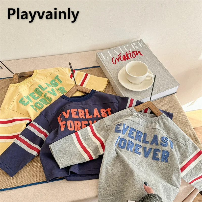 

Kids' Long Sleeve Tees with Letter Patchwork and Striped Sleeves Boy Girl Grey Blue Yellow O-neck T-shirt Children Clothes A5037