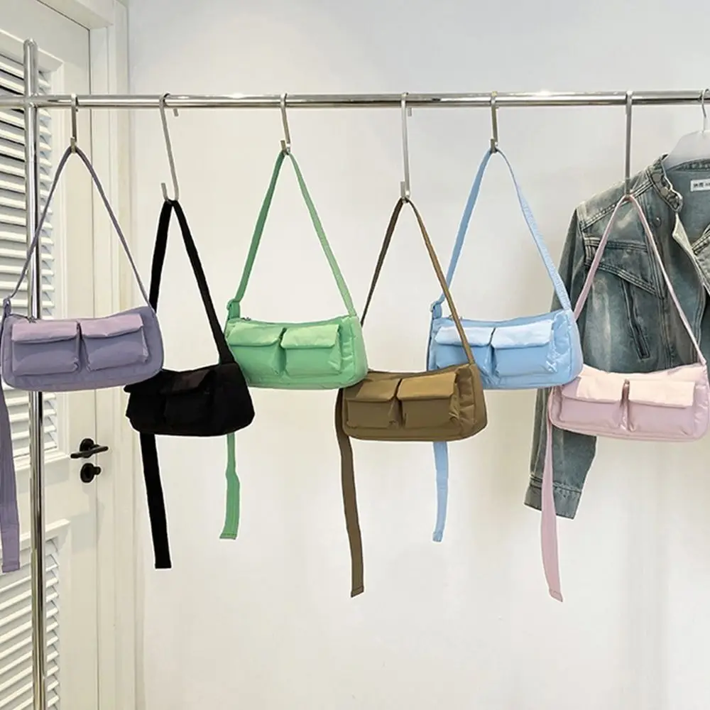 

Casual Solid Color Single Shoulder Bag Lightweight Nylon Cross Body Bag Multi-pocket Waterproof Messenger Bag For Men Women