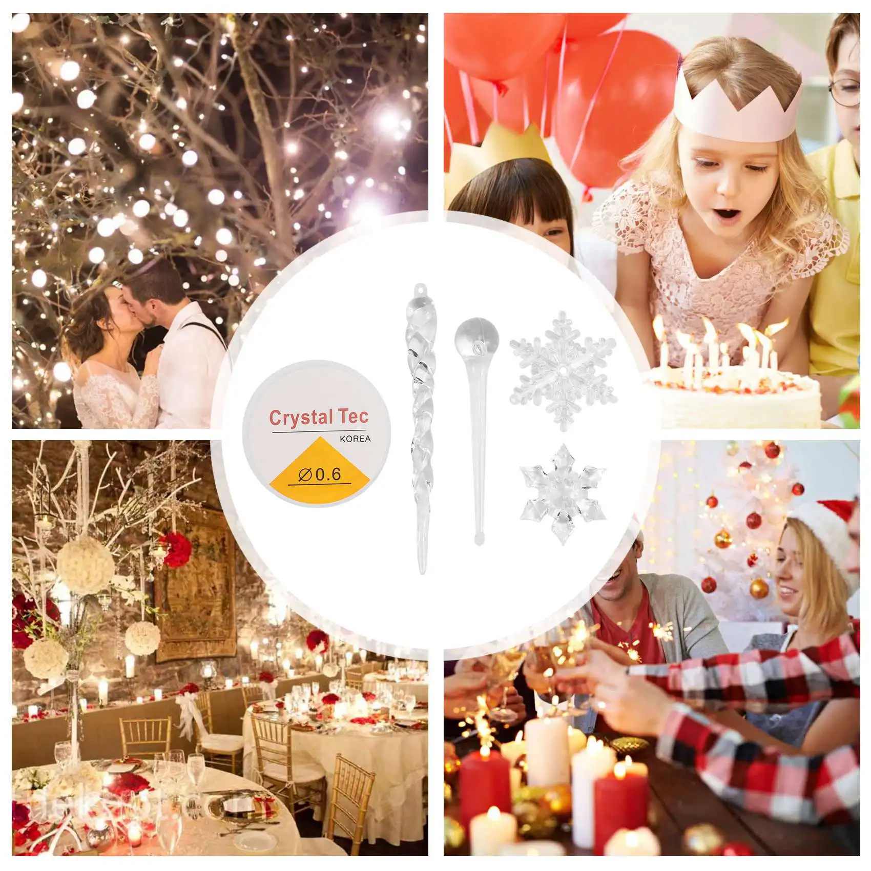 40PC Snowflake Icicle เครื่องประดับคริสต์มาสปีใหม่เครื่องประดับคริสตัลต้นคริสต์มาสโปร่งใสเครื่องประดับร้อน