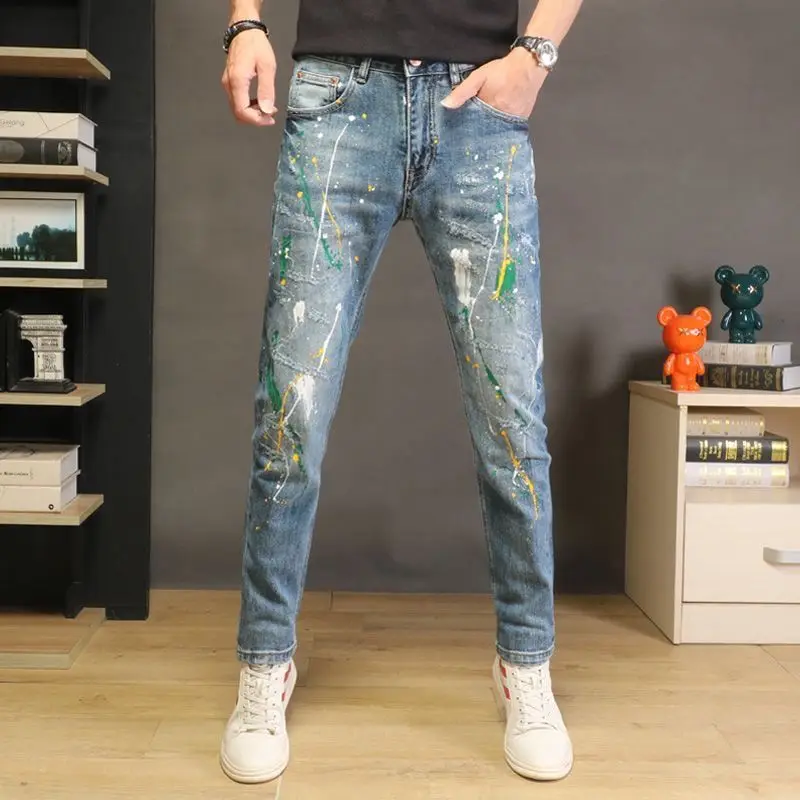 New Harajuku Fashion Casual Denim Jeans for Men Spring Autumn Pencil Pants Paint Spray Holes and Patches Luxury Washed Jeans