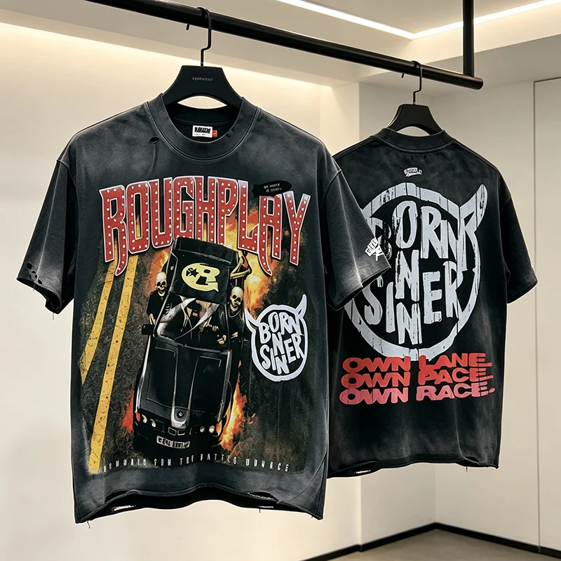 Summer New Rough Play Men T-Shirt Washed Racing Car Skeleton Rhinestone Letter Print Oversized Short Sleeve Top