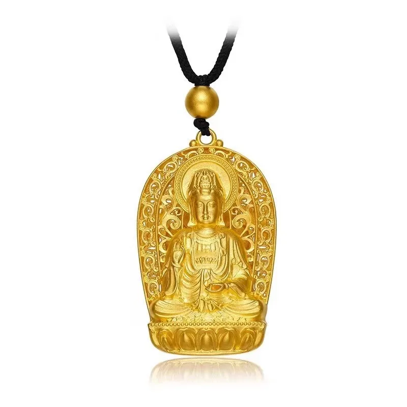 Viora Jewelry Unisex 24K Gold (AU999) Avalokitesvara Pendant | Solid gold 3D statue, chiseled lotus patterns in matte ancient fi