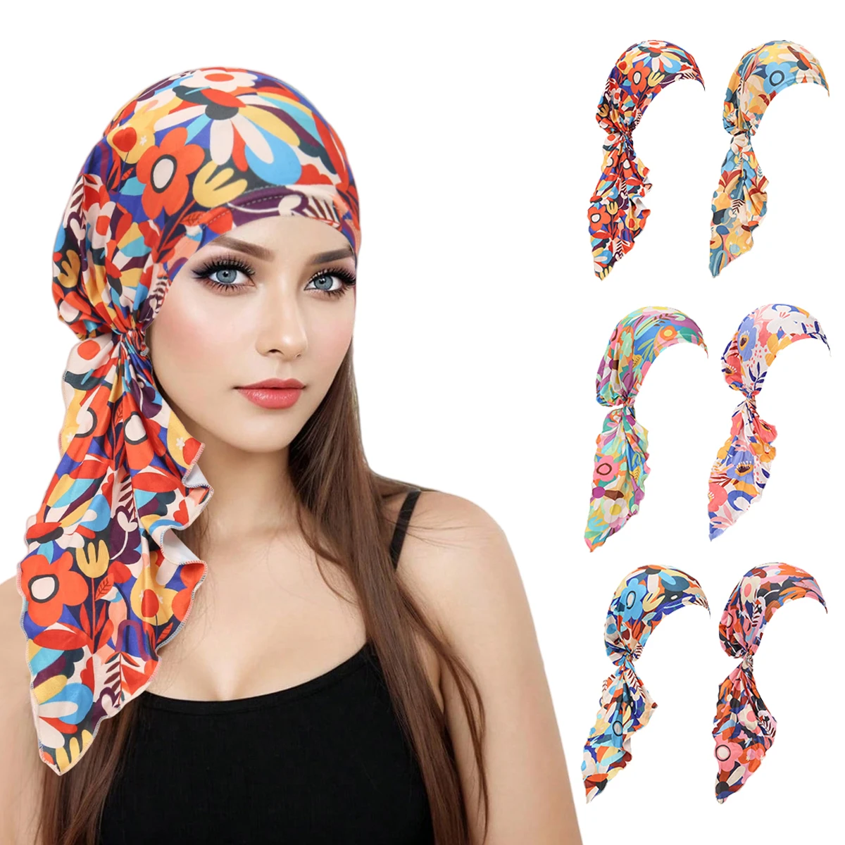 

New Muslim Fashion Print Hijab Turban Hats Long Tail Head Wraps Soft Strech Hijab Hats Breathable Chemo Cap For Women Girls