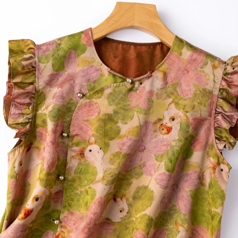 Birdtree, 100% Real Silk Print Tshirt, Ruffle Sleeve O-neck Tops, Women's Xiangyunsha Breathable Shirt, 2026 Summer New T65412JF