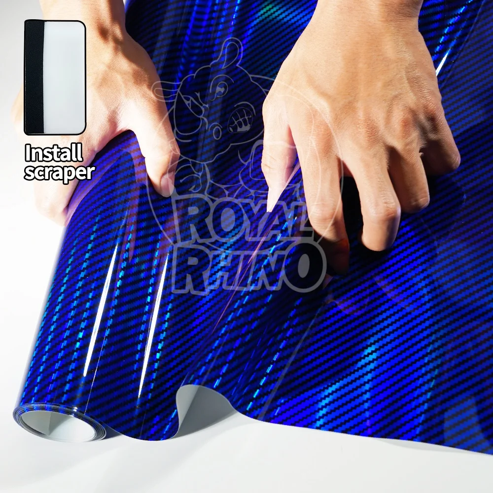 Kohlefaser-Laser-Blaue Autoaufkleber Glänzende Holographische Farbwechselfolie Selbstklebende Vinyl-Autofolie mit Luftkanälen