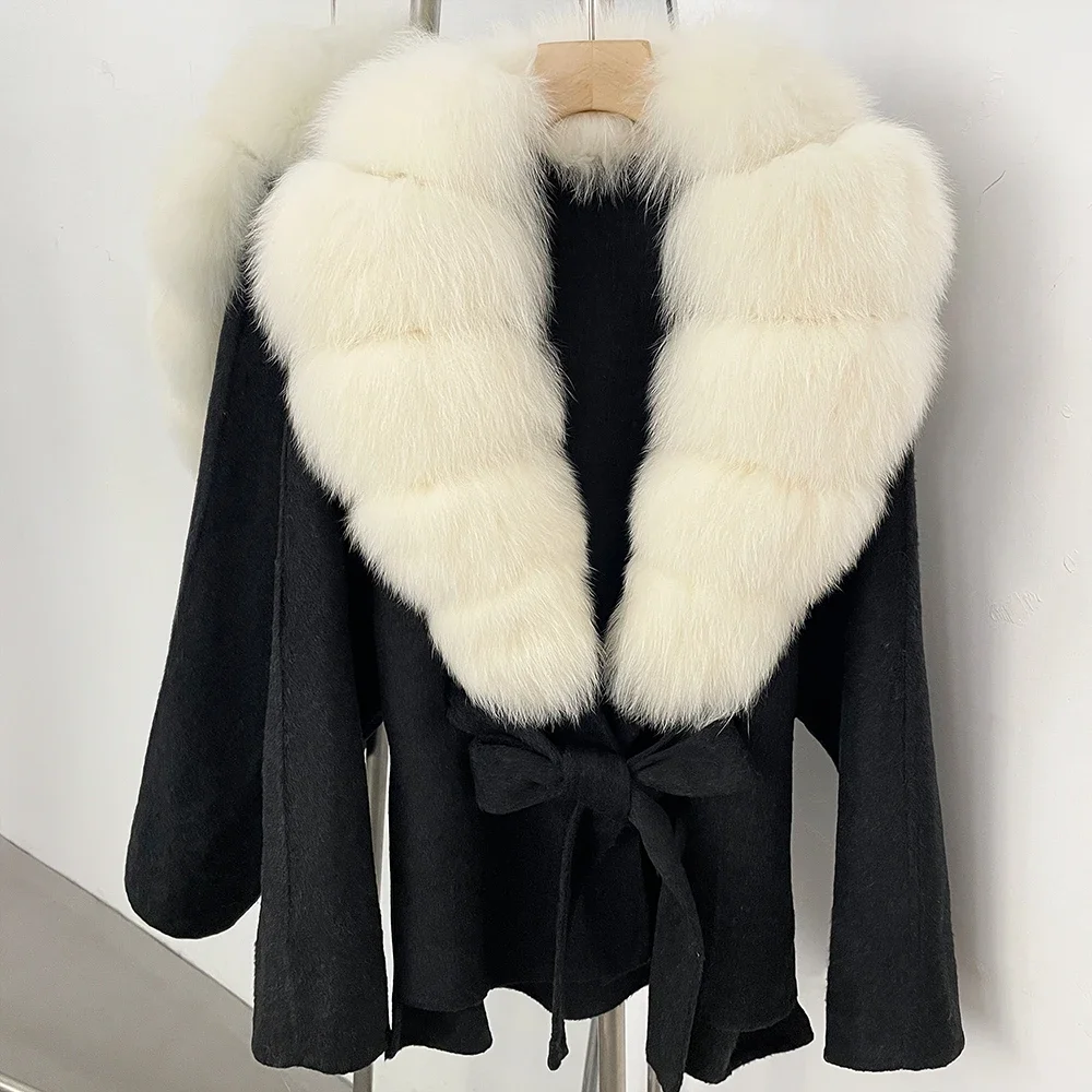 OFTBUY Neue Winterkleidung für Damen, Luxuriöser Kurzer 100% Wollmantel mit Natürlichem Pelzkragen, Warmem Gürtel und Echtem Fuchspelz, Wolljacke für Damen – Detail 22