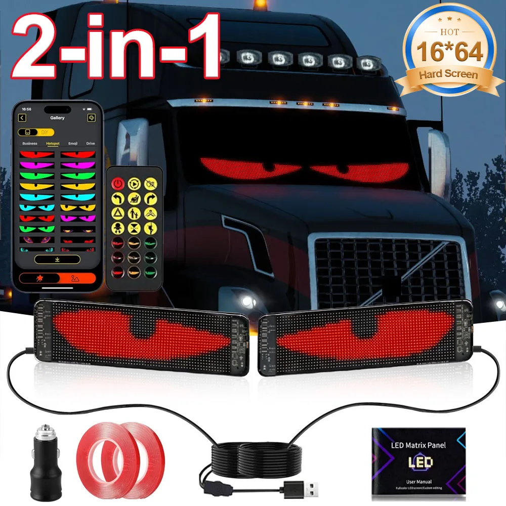 2Pcs Hard Screen 2-in-1 16x64 LED Matrix Pixel Panel Devil's Eye with APP Remote Control Programmable LED Display for Car Truck