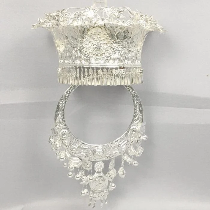 

Miao Headwear Female Performance Chinese National Minority Zhuang Tujia Yi Ethnic Silver Hat Hani Headwear Necklace Accessory