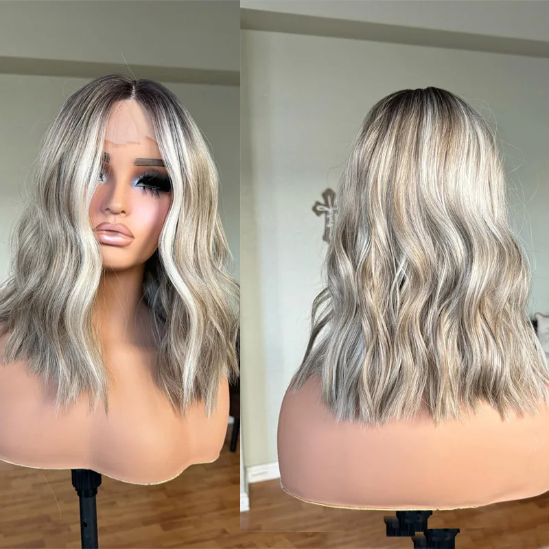 

Ashy Grey Blonde Highlights Lace Frontal Wigs for White Black Women 100% Natural Pre plucked Synthetic Lace Front Wig Glueless