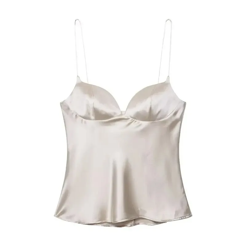 New Summer Comfortable Casual Women's Sexy Slim Fit Solid Color Backless Heart-shaped Collar Silk Satin Texture Tank Top