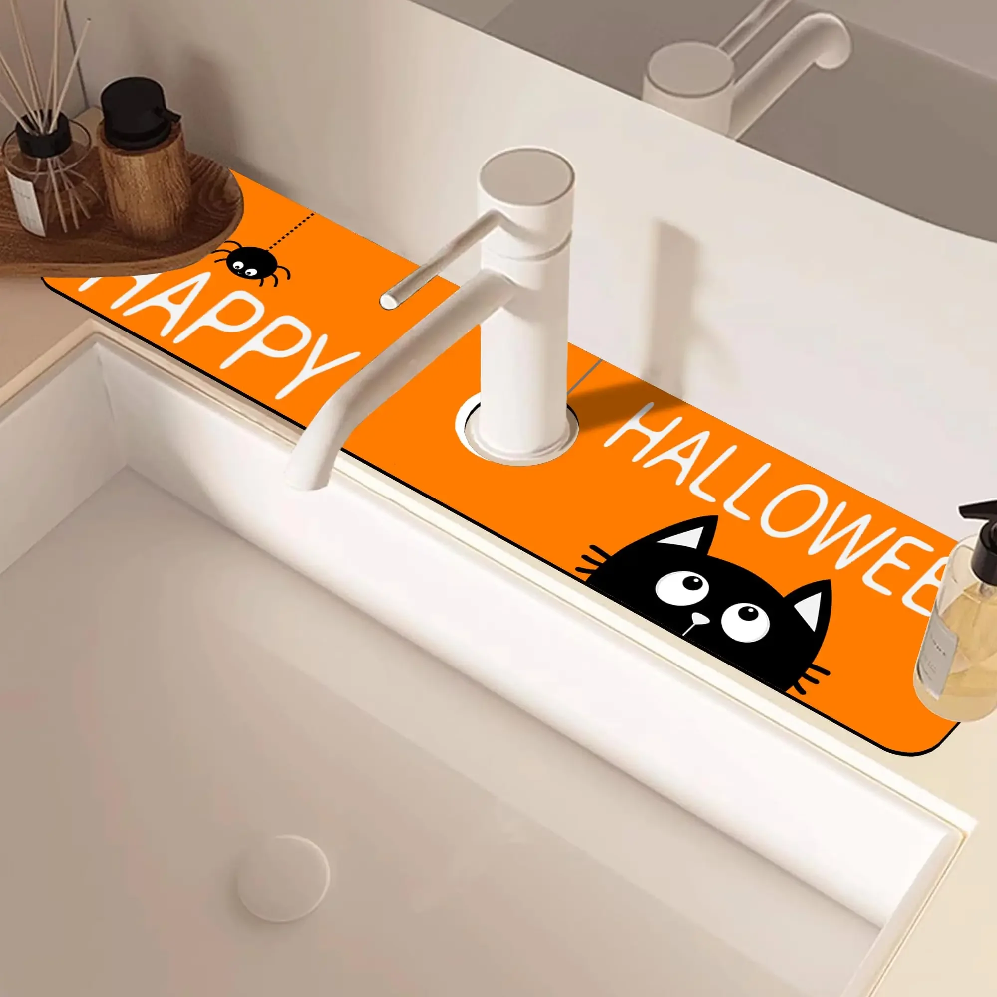 VIKAMA Halloween Black Cat Spider Web Faucet Mat Absorbent Quick-Drying Dry Table Mat Sink Splash Guard Pad Home Decoration