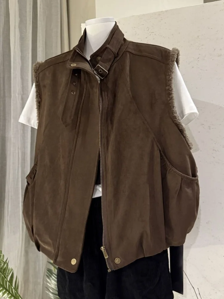 Women's Solid Cargo Vest Fall Winter Stand Collar Buckle Zip Faux Fur Trim Fleece Lined Oversized Vintage Casual Sleeveless Coat