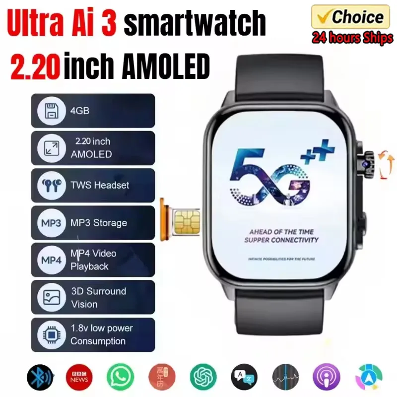 New Fashion Ultra AI 4G Android Smart Watch 32 256GB 2.2 '' 448*528 AMOLED Screen SIM Card Health Monitoring 180°Rotating Camera