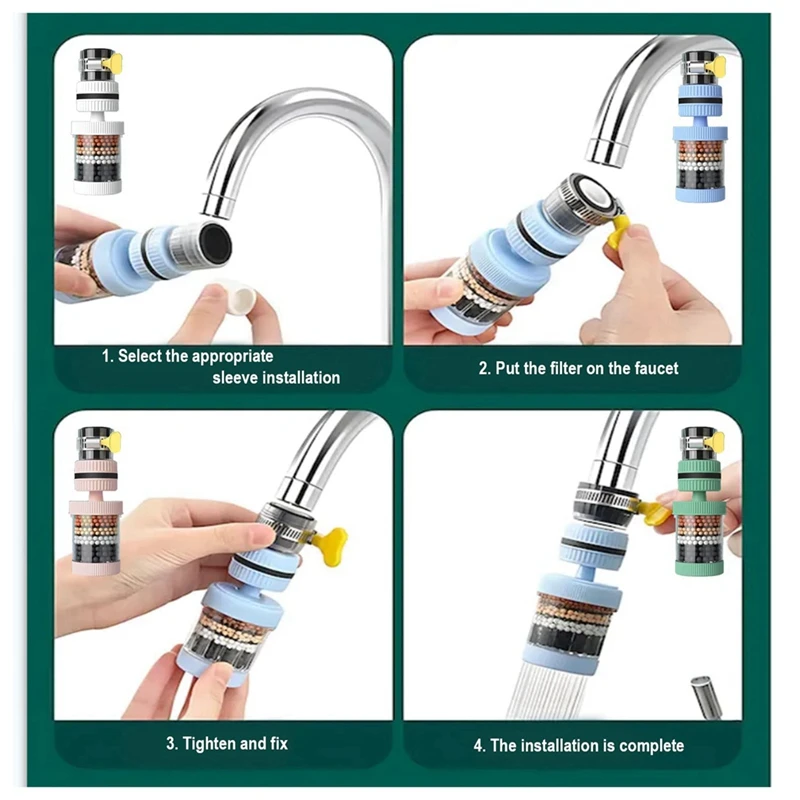 4 Piece Universal Removable And Washable Kitchen Extended Rotatable Faucet Filter Six-Layer Splash-Proof As Shown