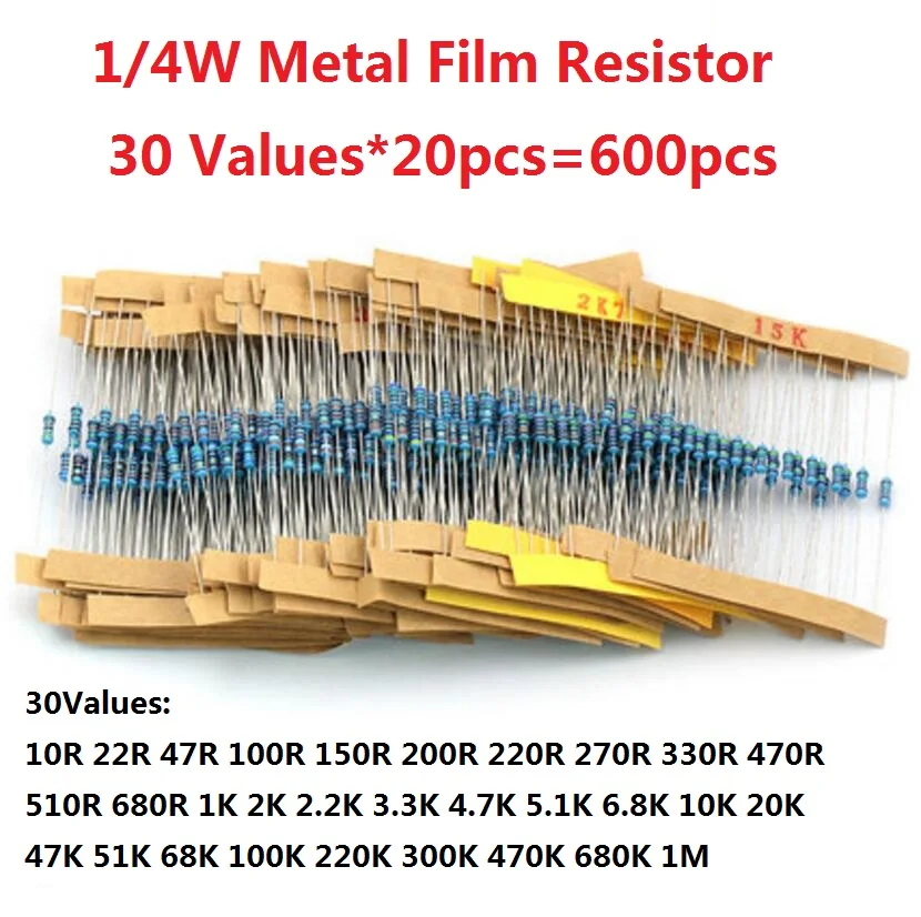 600 Pcs (30 Kinds X Each 20pcs) Value Metal Film Resistor Pack 1/4W 1% Resistor Assorted Kit Set 1K 10K 10R 22R 100R 150R 200R