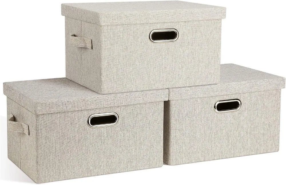 

Stackable Storage Bins with Lids Beige Foldable Fabric Closet Boxes Lidded Storage Bins Heavy-duty Linen Baskets Organizers