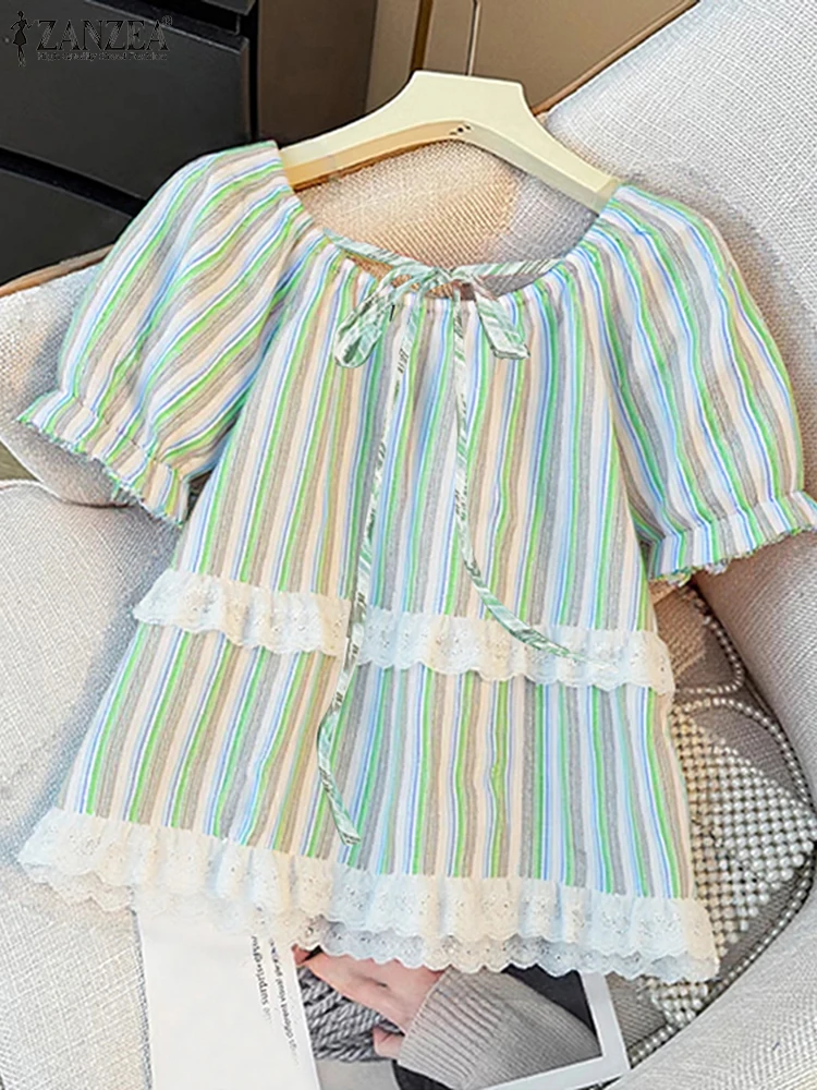 

ZANZEA Summer Tops Vintage Striped Blusas Women Lace Patchwok Puff Sleeve Tunics 2025 Lace-Up Casual O-Neck Pullover Oversized
