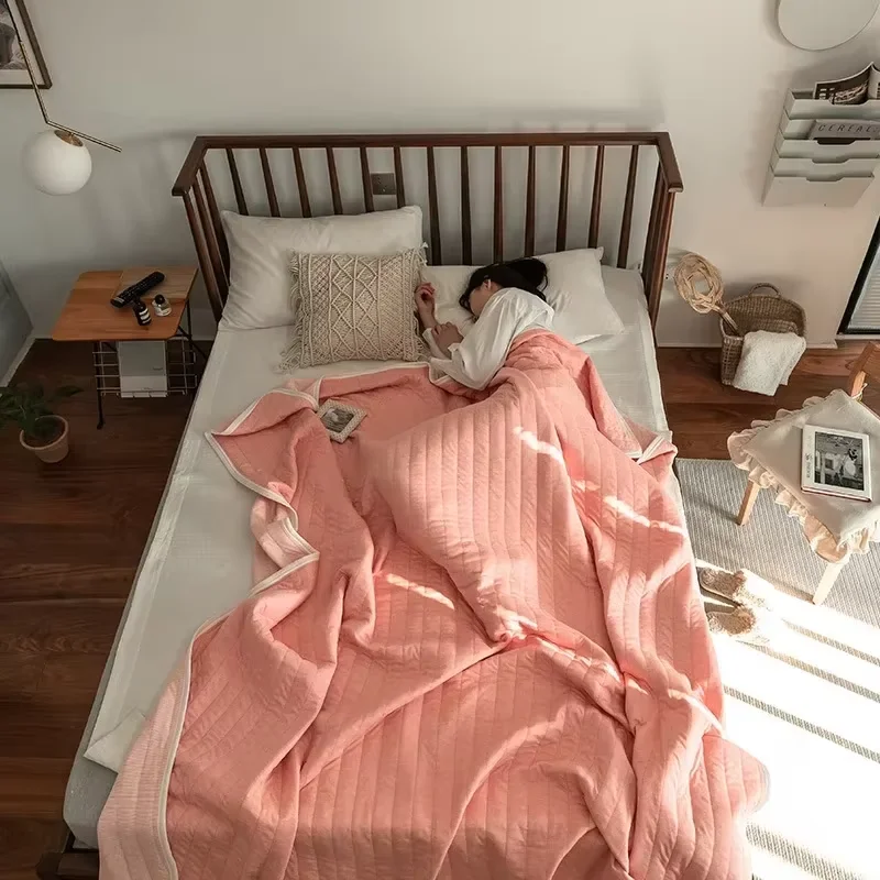 Stripes 100% Cotton Summer Blanket for Bed Soft Skin Friendly Queen Quilt for Summer Air Conditioner Thin Comforter Breathable