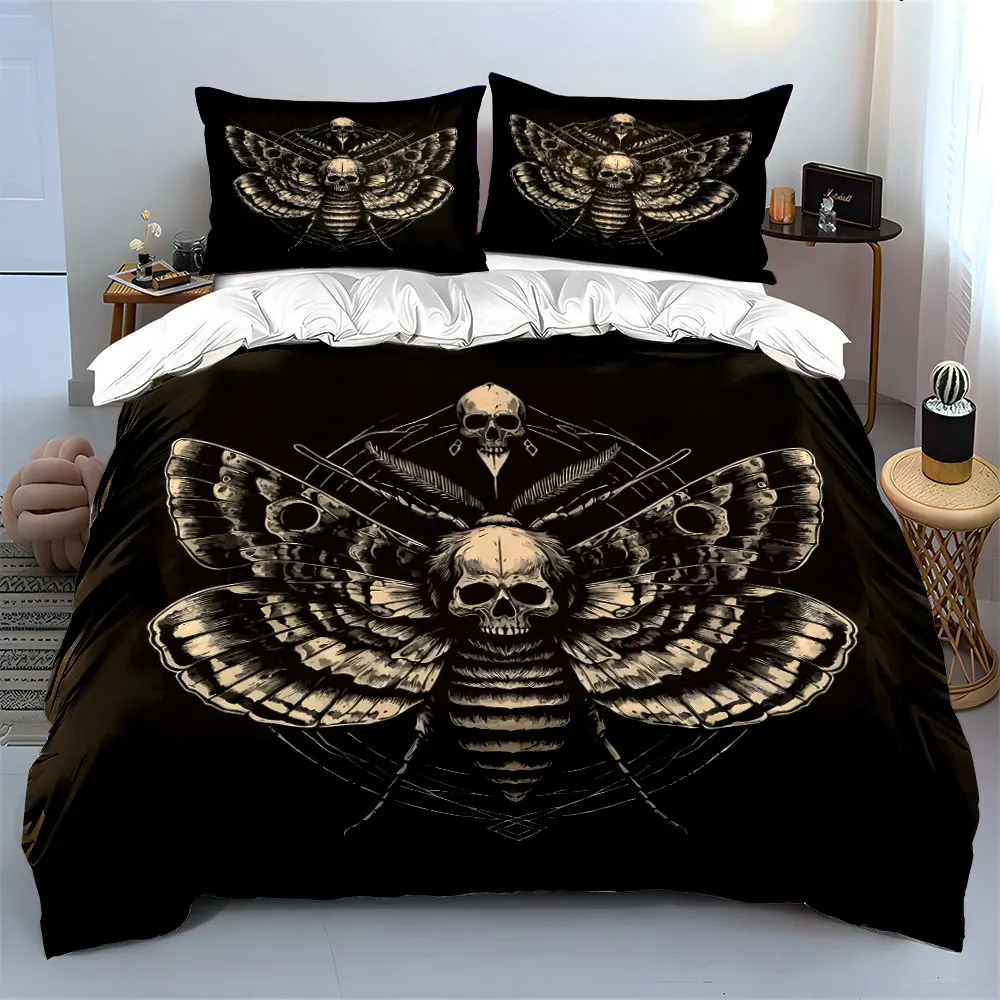 Skull with intricate moth design Pattern Duvet Cover Set Digital Print Colorful Polyester Bedding with Zipper Closur for gifts