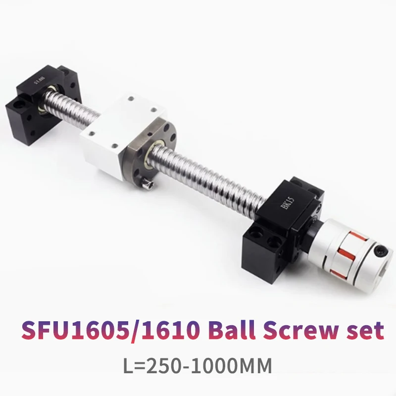 SFU1605 Rolled Ball Screw C7 With End Machined 250-1500 mm + Coupler RM1610 + Ballnut Housing +1 Set BK12/BF12 End Support Set