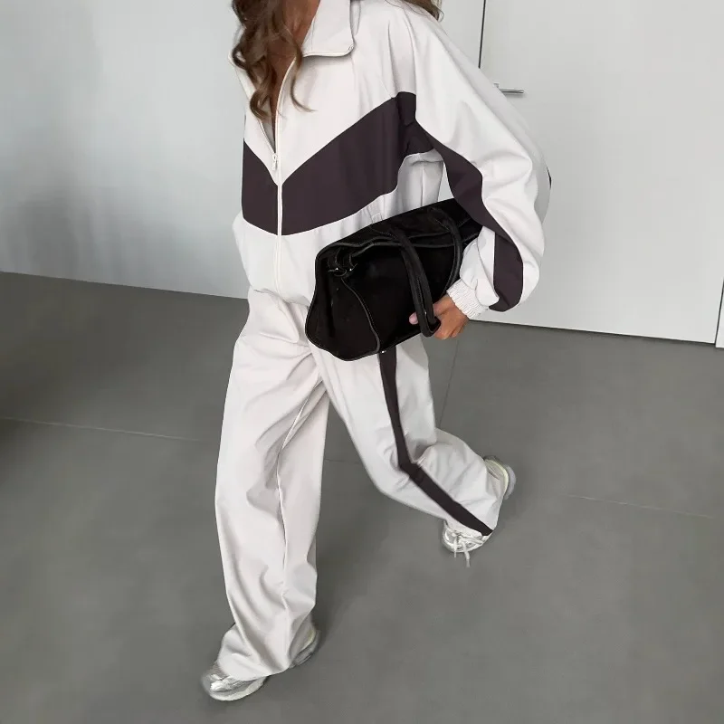 Casual Long Sleeve Sweat Suit Sportswear Women Color Block Tracksuit 2 Piece Outfit, Zip Up Collar Jacket & Wide Leg Pants Set
