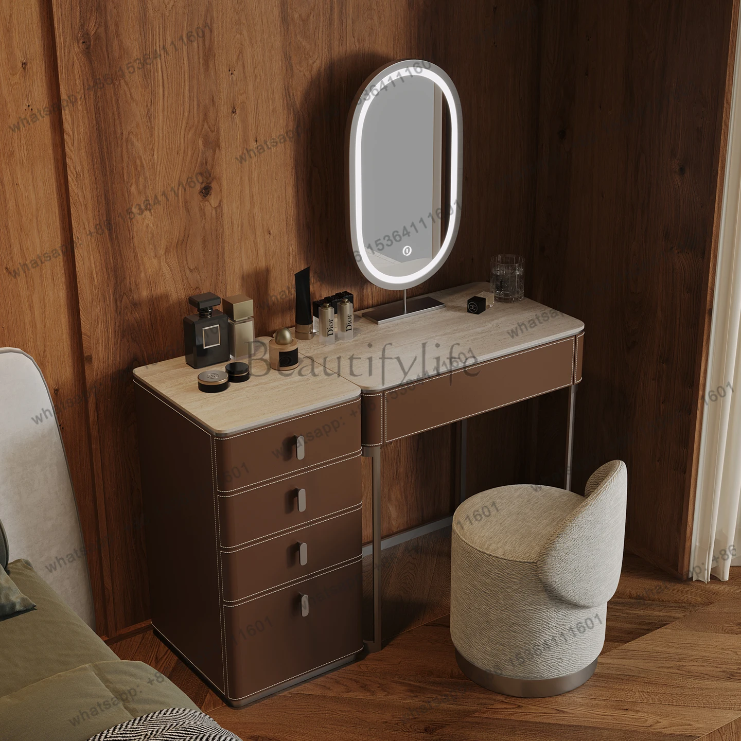 Dresser, bedroom small chest integrated travertine rock slab storage makeup table saddle leather