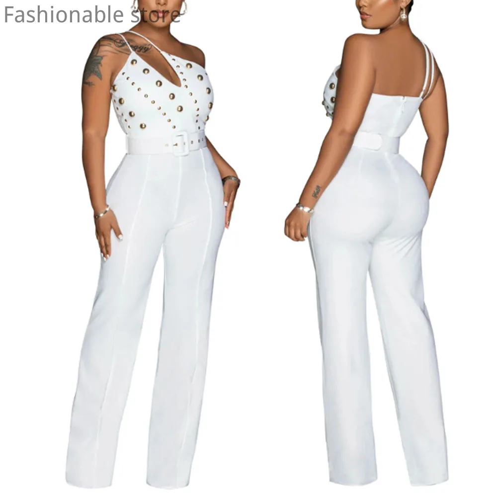 Women's Sexy Solid Color One Shoulder Beads Decor Wide Leg Jumpsuits with Belt