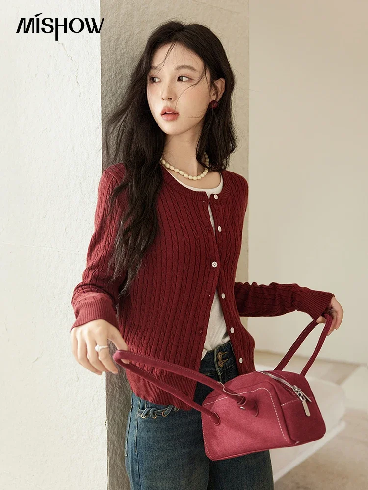 MISHOW Vintage Red Sweater Casual Knitted O-Neck Cardigan 2024 Autumn Korean Commuter Contrasting Embroidery Cat Top MXD47Z0916