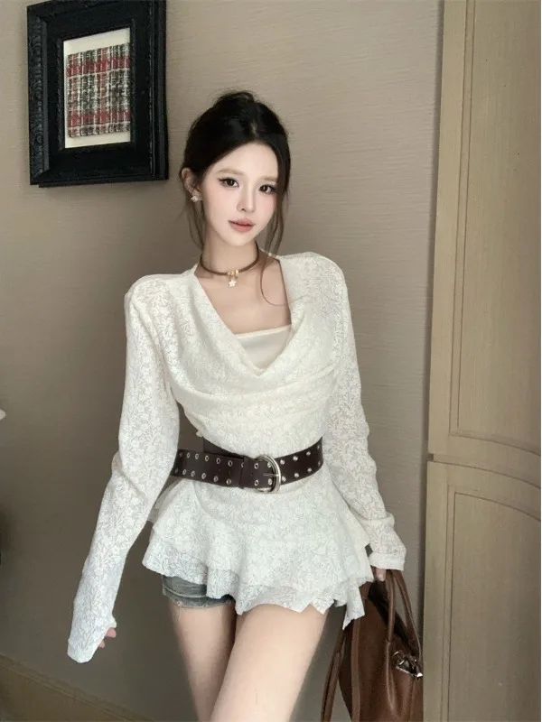 

2025 Autumn New Sle Women's Lace Top Slimming Waist Design Long Sve round Ne Gored Hemline Floral Patterned Casual Wear