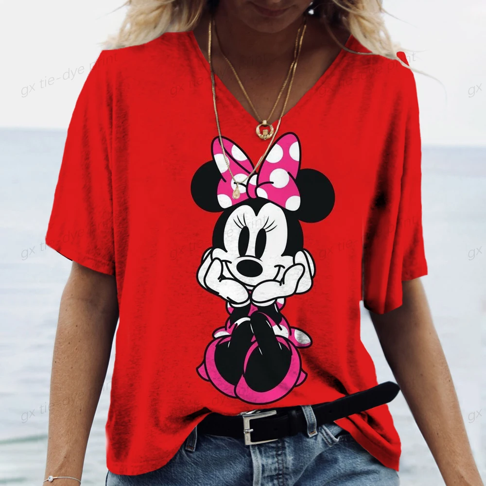 T-shirt da donna di moda Topolino Stampa Ragazze Estate Harajuku Abbigliamento casual allentato T-shirt a maniche corte con scollo a V Kawaii