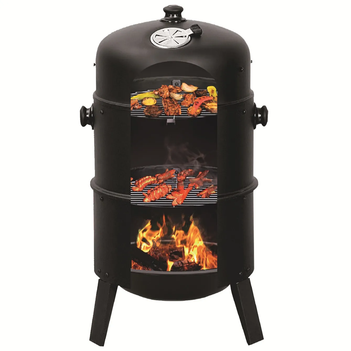 Professional 3-Tier Thickened Iron Smokehouse BBQ Grill Detachable Smoker Outdoor Camping Backyard Charcoal/Gas Compatible