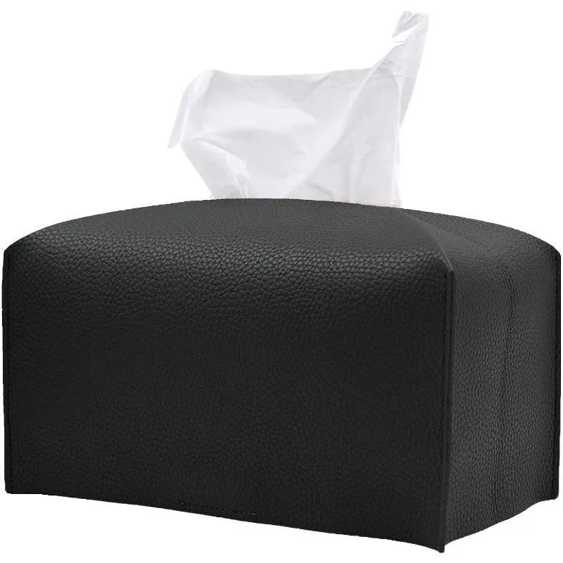 PU Leather Rectangular Tissue Box Holder with Bottom Belt Foldable Plus Size Tissue Box Organizer for Bathroom/Car/Hotel/Office